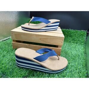 -Wedge Sandals- Tan/Blue/White Stripe-Size 7WAprox
